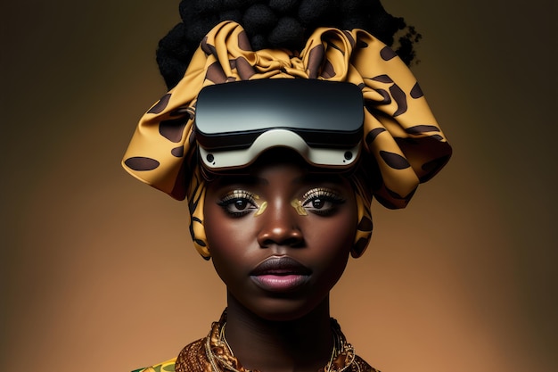 African woman wearing virtual reality goggles standing studio clean background