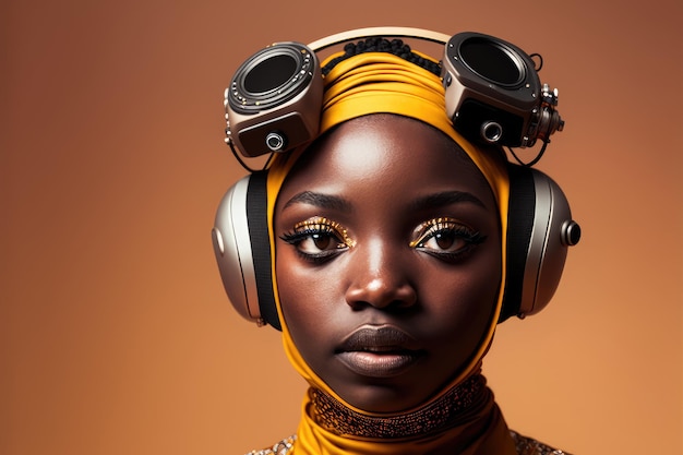 African woman wearing virtual reality goggles standing studio clean background