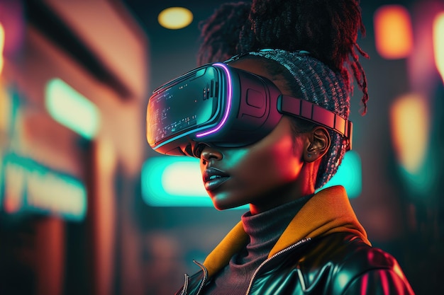 African woman wears virtual reality goggles standing in virtual world background