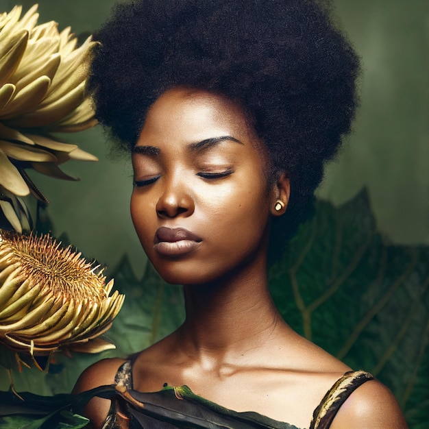 African woman with closed eyes and flowers in background 3d rendering