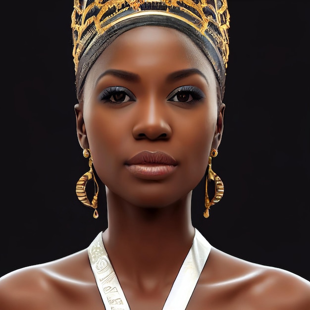 African woman with golden jewelry and crown 3d rendering