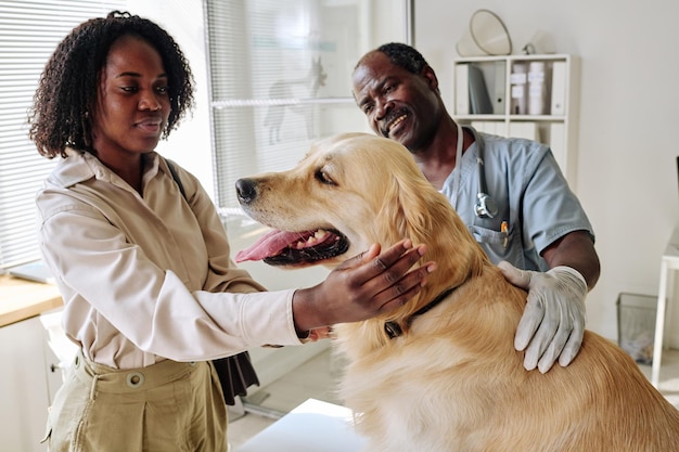 African woman with her dog visiting vet doctor at clinic