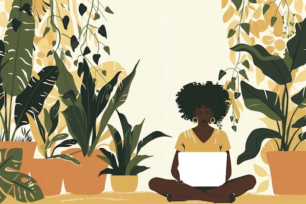 African woman with laptop sits crosslegged among potted plants Freelancer works remotely in