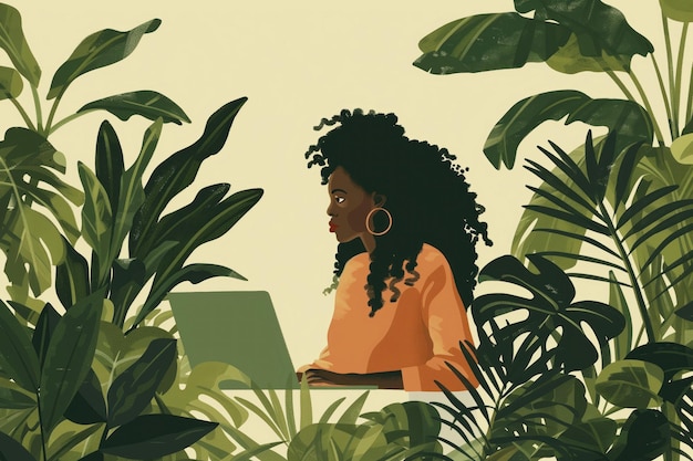 African woman works on laptop in jungle Freelance remote job among tropical plants Peaceful work