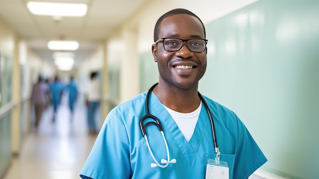 AfricanAmerican bespectacled doctor in hospital corridor holding stethoscope around his neck