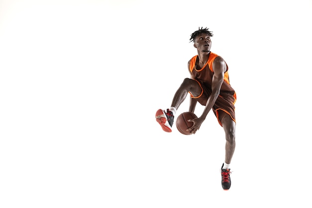 Africanamerican male basketball player in motion and action isolated on white