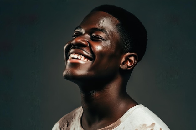 Africanamerican model guy laughing without looking at the camera in a dark background