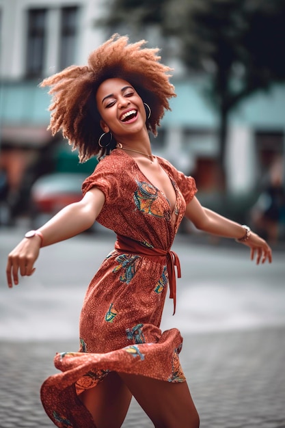 AfricanAmerican woman dancing and jumping happily in the street generated with AI