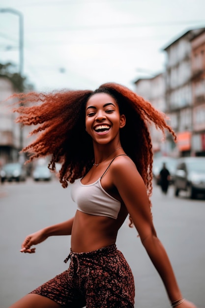 AfricanAmerican woman dancing and jumping happily in the street generated with AI