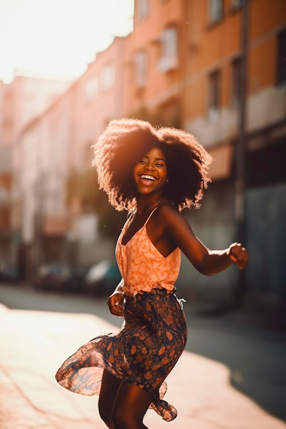 AfricanAmerican woman dancing and jumping happily in the street generated with AI