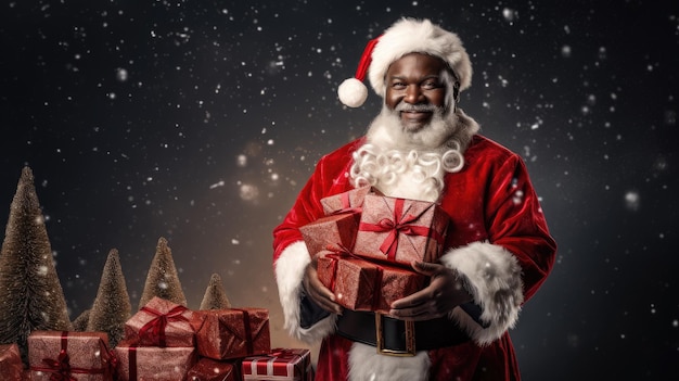 Afro american black santa claus holding a bunch of presents for the kids background