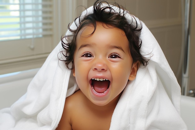 Afro American boy in the bathroom after washing