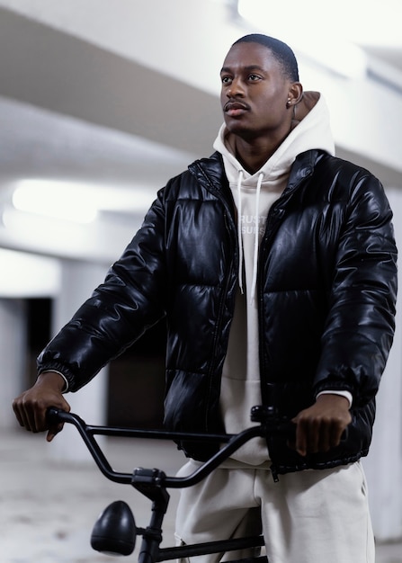 Afro-american cyclist riding his bicycle