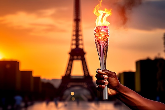 Afro american male athlete holding Olympic torch with burning flame in hand on eiffel tower background outdoor