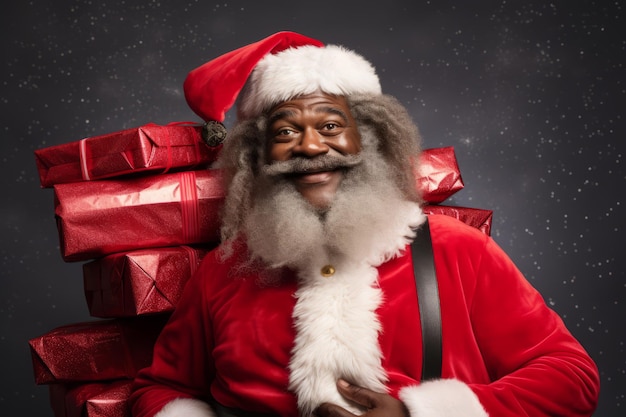 afro american santa holding a huge stack of presents