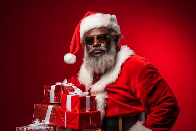 afro american santa holding a huge stack of presents