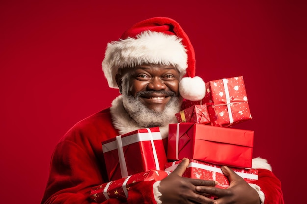 afro american santa holding a huge stack of presents