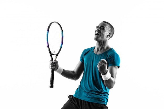 Afro American tennis player man over isolated white   