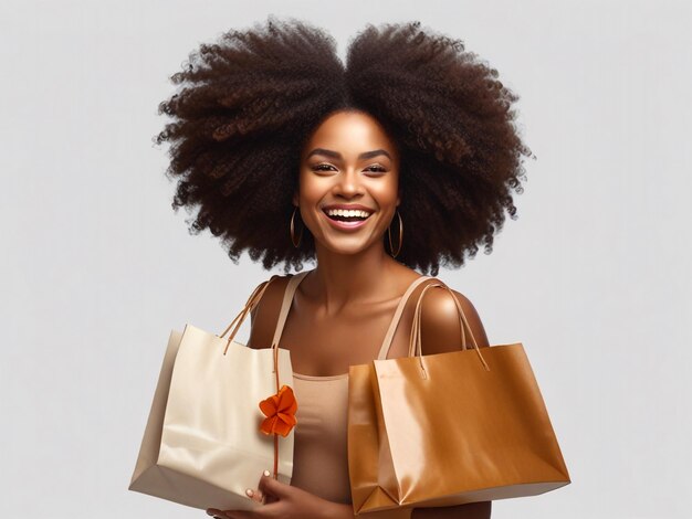 Afro American woman smiling after shopping with shopping bag in her hand