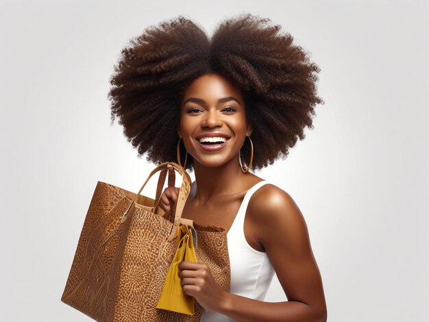 Afro American woman smiling after shopping with shopping bag in her hand