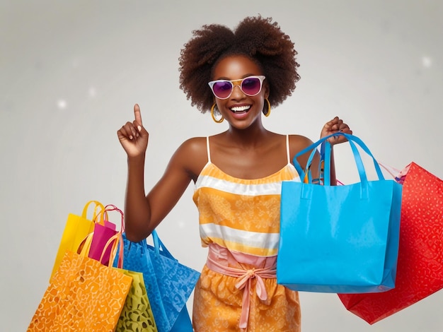 Afro American woman smiling after shopping with shopping bag in her hand