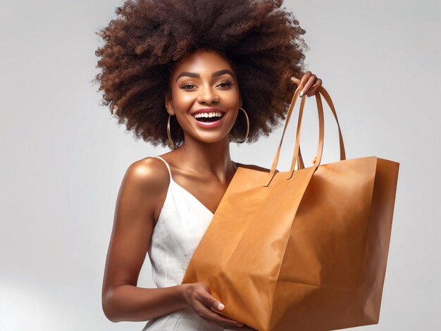 Afro American woman smiling after shopping with shopping bag in her hand