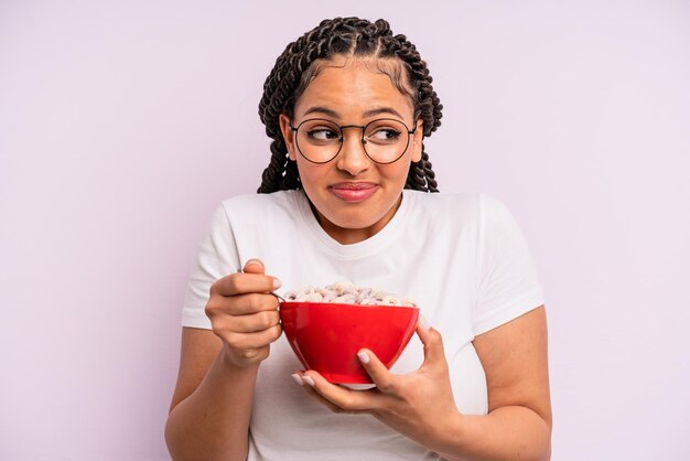 Afro black woman with braids. breakfast concept