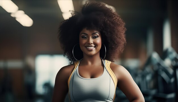 Afro curls woman in sports bra in gym