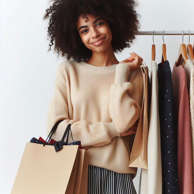 Afro model with shopping bags in hands and white background