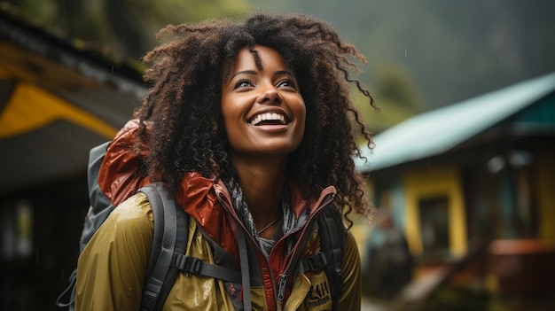 Afro woman hiking and laughing next to a waterfall