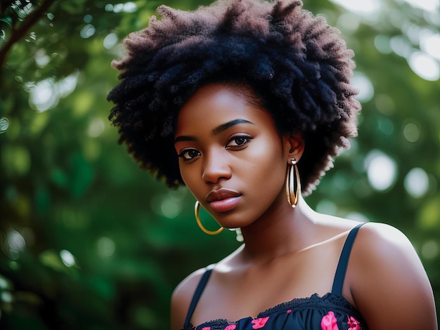 A afro woman with a natural haircut stands in front of a green background