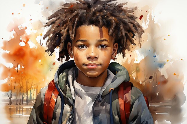 Afroamerical black school boy with backpack School concept Watercolor painting