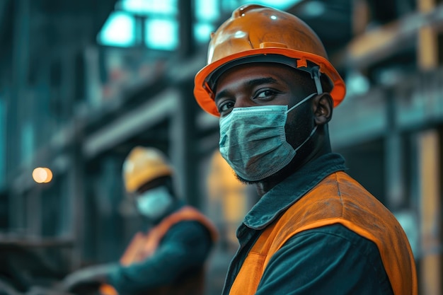 AfroAmerican builders wearing helmets and face masks while working