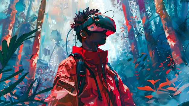 Photo afrofuturistic man in forest wearing virtual reality headset