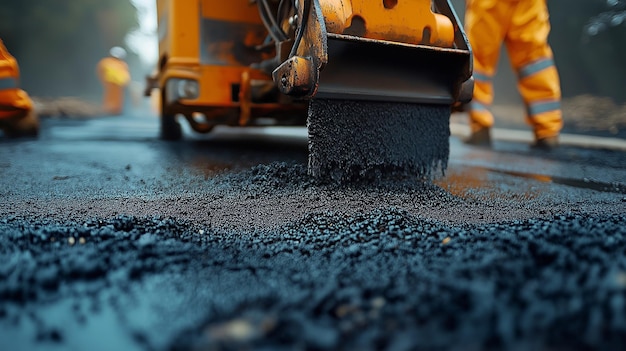 After laying asphalt workers use an airbrush equipment to put markings on the road