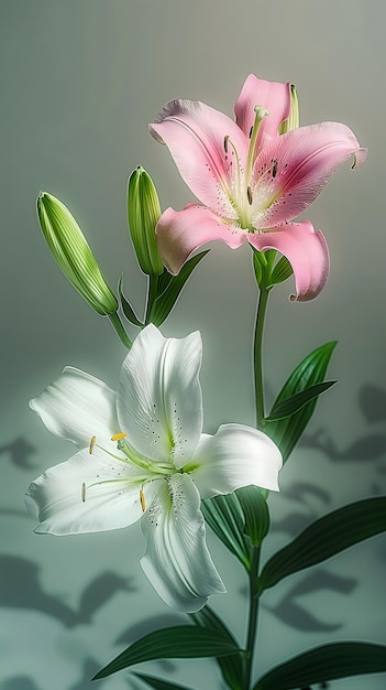 Photo after the rain a lily blooms with pink and white flowers against a vibrant green background