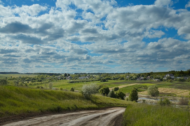 After rain view. Summer field with village road