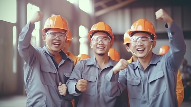 After a significant economic victory Generative AI captures the joy of a group of industrial employees or engineers wearing safety gear and hardhats