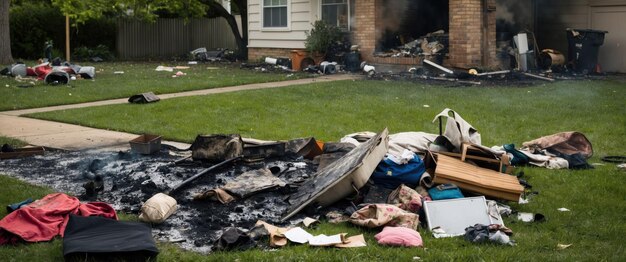 Photo aftermath of a house fire showcasing the loss and recovery of personal belongings