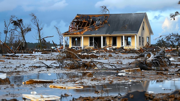 The aftermath of a hurricane A house is severely damaged with its roof torn off and windows smashed