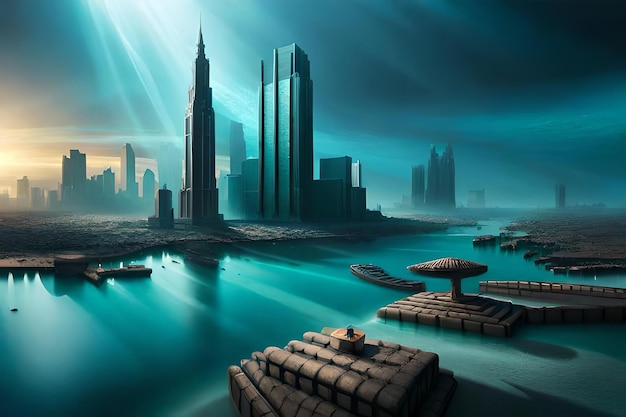 Aftermath of a nuclear bomb detonation with a shattered cityscape submerged underwater The environme...