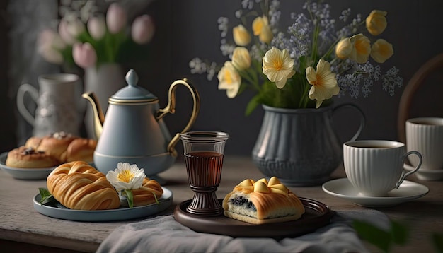 Afternoon set up of classic tea on ceramic marble table decorated with spring flowers Generative AI