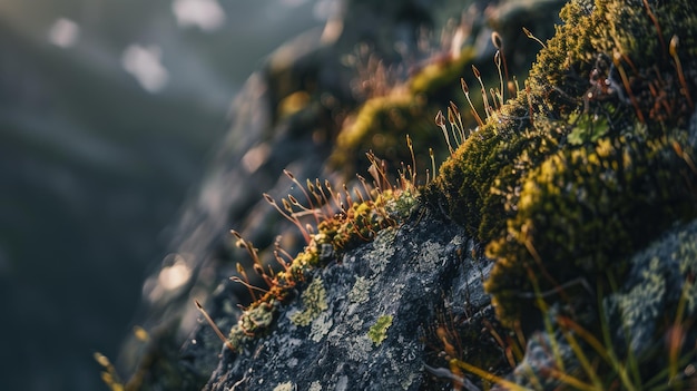 Afternoon sunlight illuminates a gray rock covered in green moss