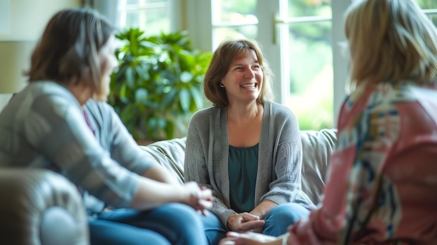 Photo afternoon support group members sharing experiences in soft lighting setting