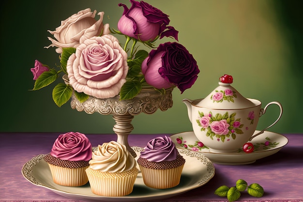 Afternoon tea with cupcakes with roses