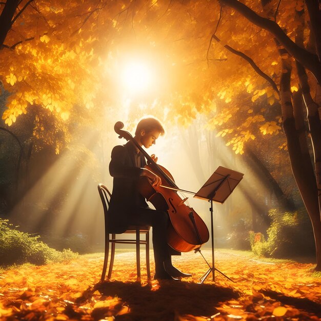 Photo against a backdrop of autumn leaves the cellist performs passionately in a sundappled park evokin