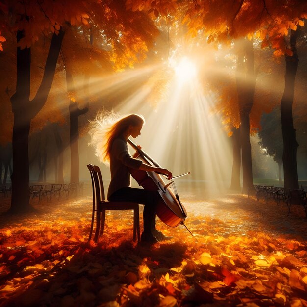 Against a backdrop of autumn leaves the cellist performs passionately in a sundappled park evokin