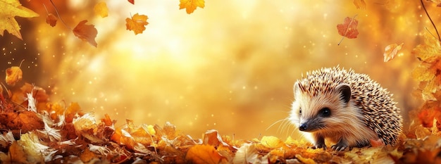 Photo against the backdrop of a beautiful autumn landscape a cute hedgehog sits on autumn leaves banner with a space for text