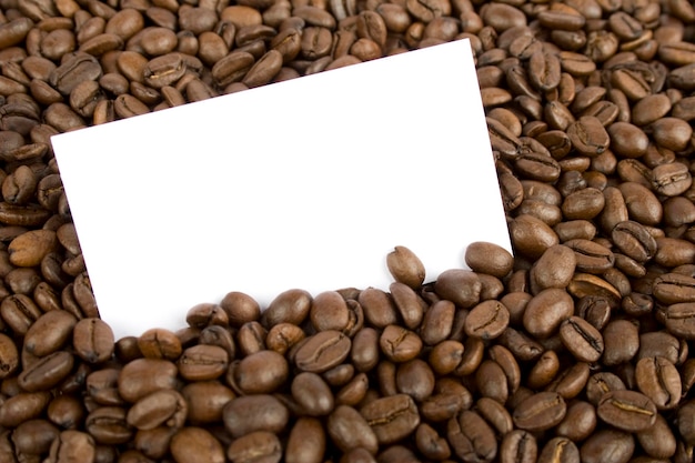 Against the backdrop of coffee beans is a business card