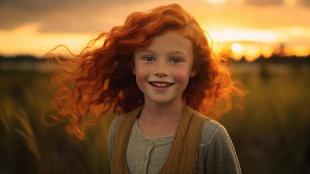 Against a backdrop of colorful clouds a radiant redhaired girl basks in the enchanting atmosphere of a sunset AI generated